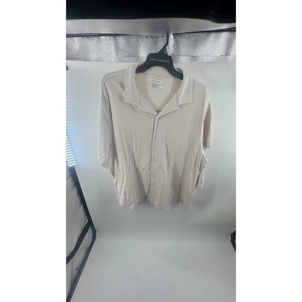 Free Assembly Mens 3XL Short Sleeve Button Down Shirt Beige Textured Camp Collar